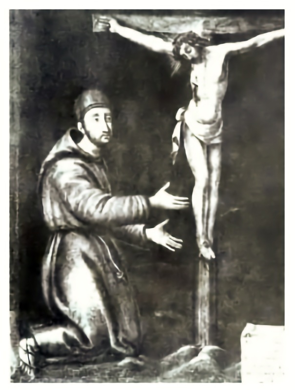 Friar Elia on his knees with the Pisano Cross, formerly in the Church of Santa Maria della Concezione in Rome